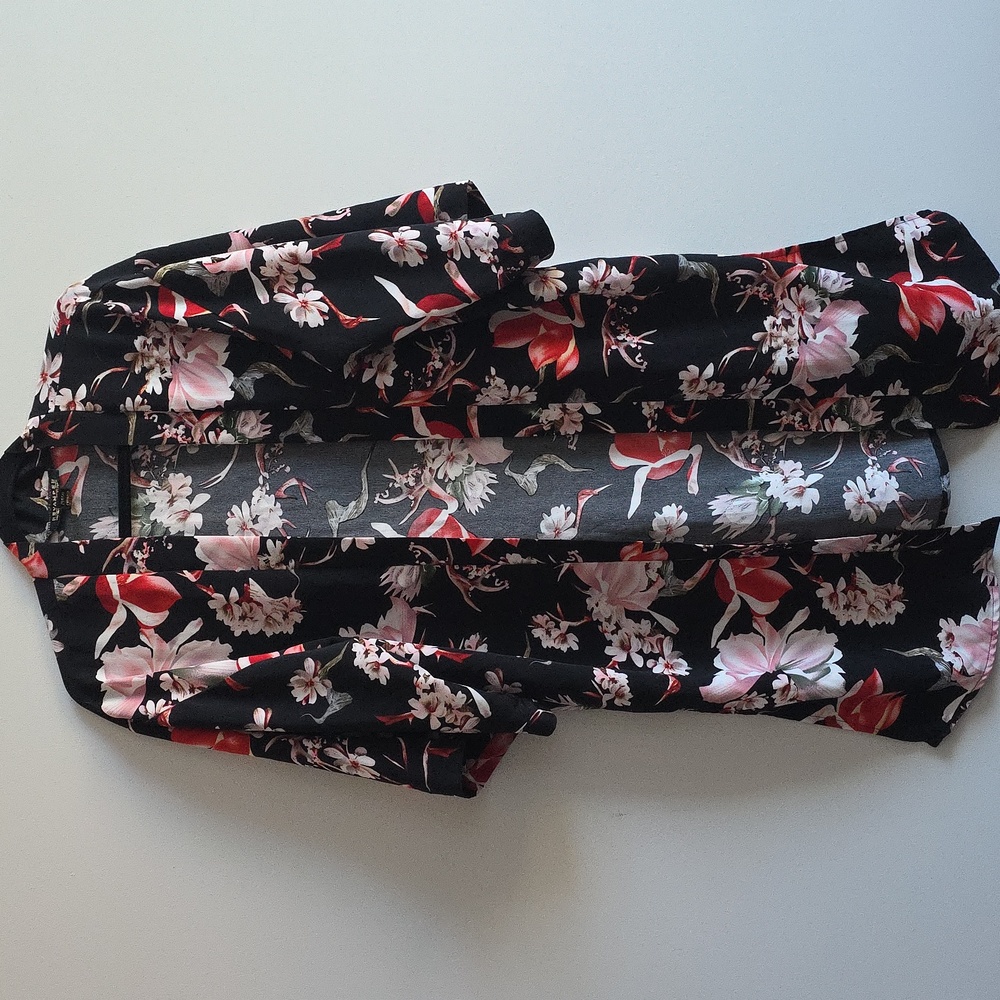 Revamped - Black Kimono with Red and Pink Floral Pattern - Size Medium